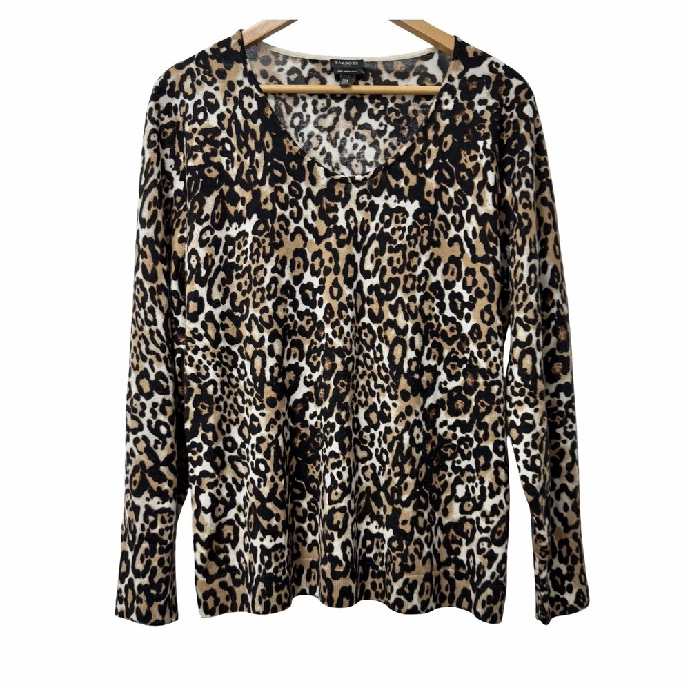 Talbots Womens Merino Wool Leopard Animal Print V Neck Sweater Size XLP Black